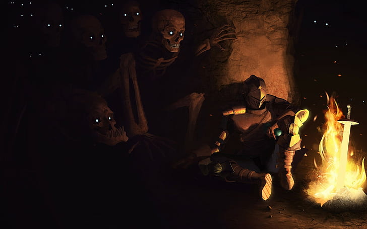 Dark Souls bonfire illustration, video games, night, burning
