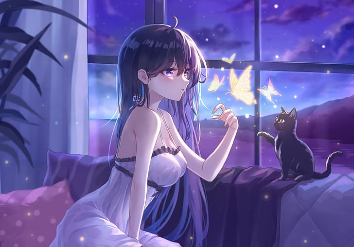 anime, anime girls, original characters, black cats, butterfly