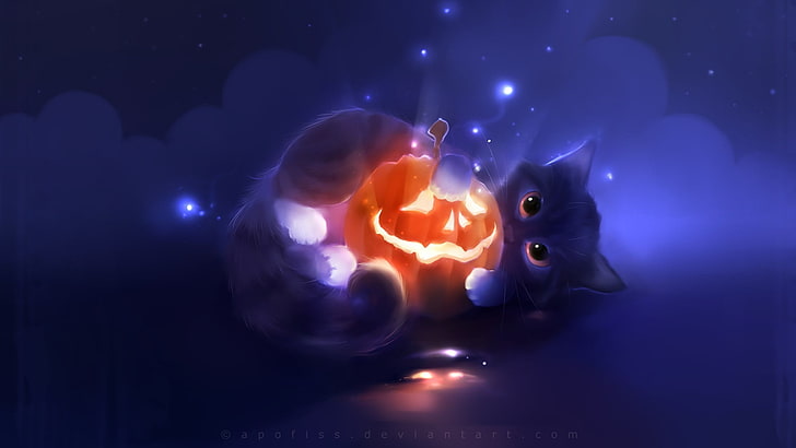 cat and Jack-O'-Lantern illustration, Halloween, Apofiss, artwork, HD wallpaper