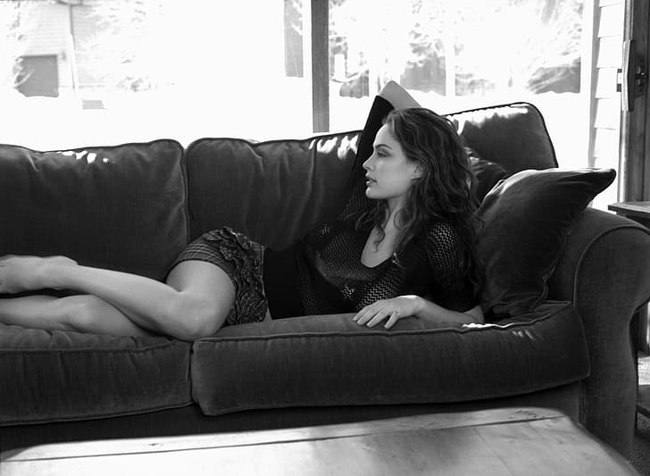 Josie Maran, women, model, monochrome, looking away, lying on couch