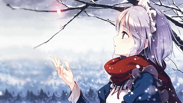 Touhou, Izayoi Sakuya, anime girls, winter, snow, witch, ke-ta