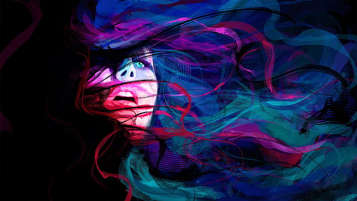 woman portrait artwork, abstract, digital art, red, pink, violet