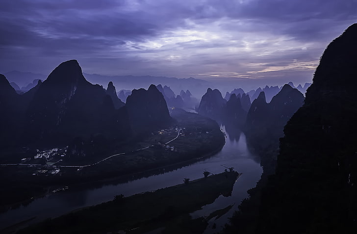 dawn, China, morning, sunrise, Guilin, Li River, Yangshuo County, HD wallpaper