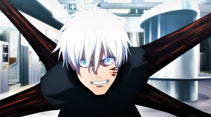 Jujutsu Kaisen, Satoru Gojo, blood, white hair, blue eyes, glowing eyes, HD wallpaper
