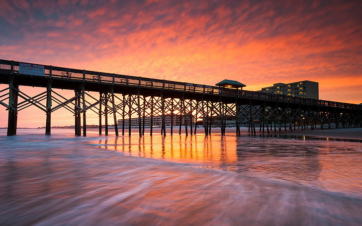 sunset, pier, beach, clouds, water, sky, architecture, built structure