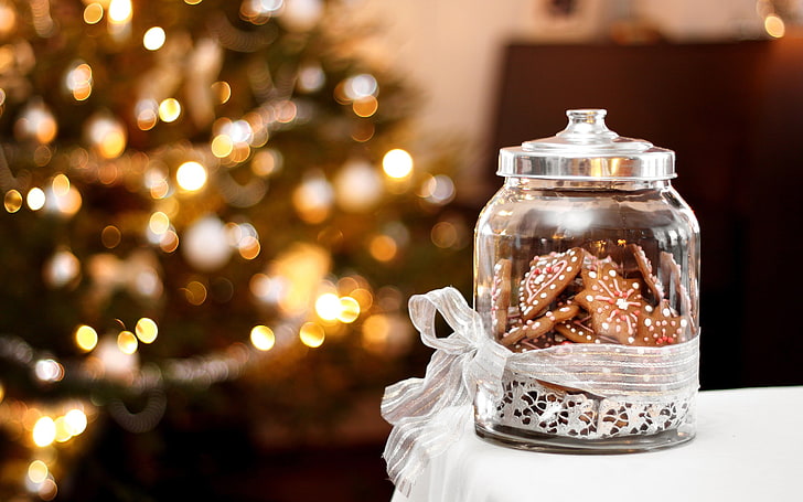clear glass jar with lid, Christmas, New Year, cookies, holiday, HD wallpaper