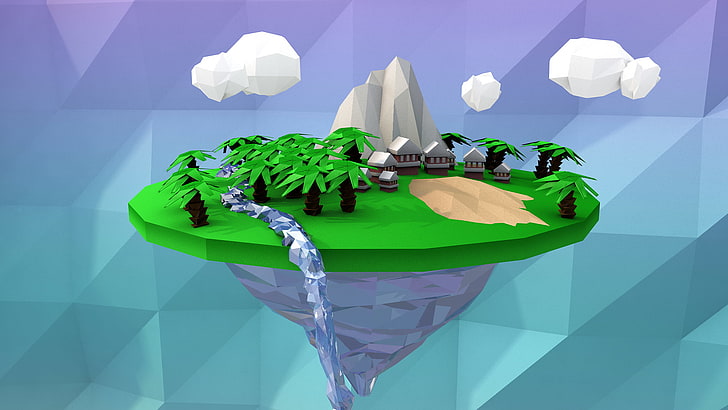 low poly, simple, floating island, palm trees, digital art