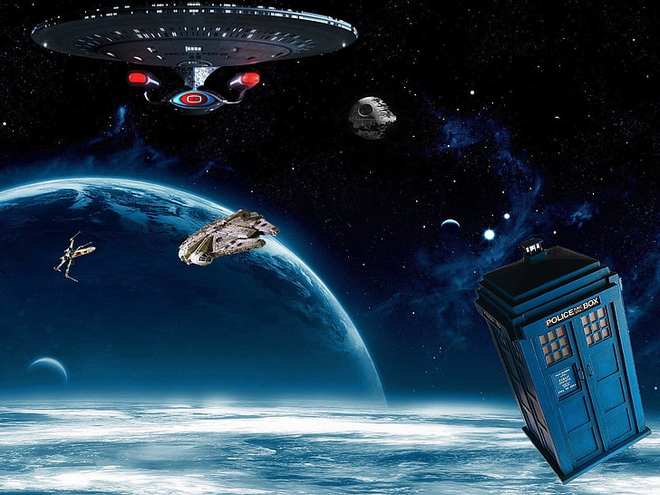 illustration of spaceship, TARDIS, Millennium Falcon, Death Star