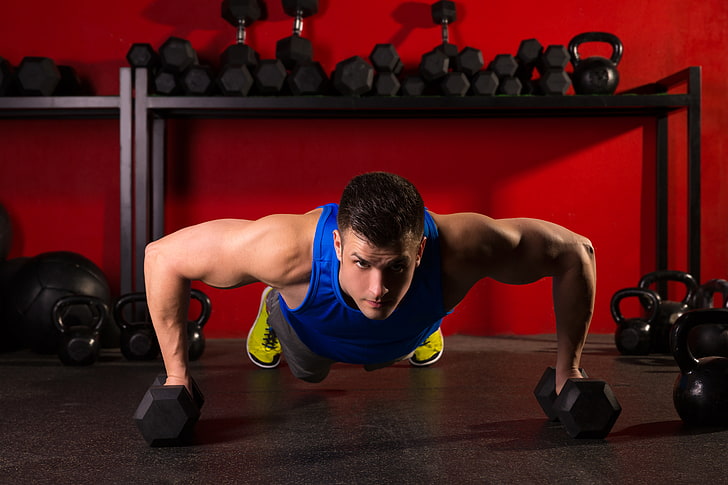 men's blue tank top, sport, guy, boy, training, pushups, push-UPS