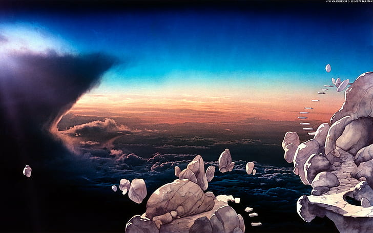 roger dean rock fantasy art clouds, sky, rock - object, solid, HD wallpaper