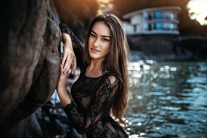 women, portrait, depth of field, water, see-through clothing