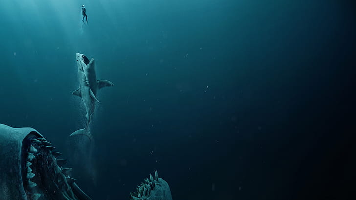 man, shark, jaws, The meg, Megalodon, HD wallpaper