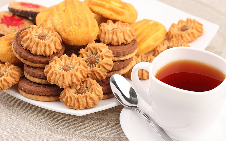 plate of cookies and white ceramic teacup, cup cakes, food, dessert