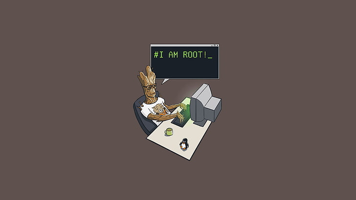 Groot illustration, Groot using computer and sitting on the chair