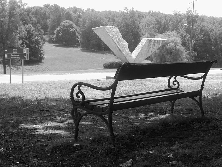 wooden bench, park, monochrome, nature, monument, Serbia, seat, HD wallpaper