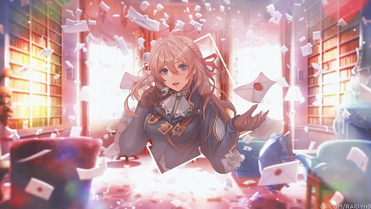 anime, anime girls, picture-in-picture, Violet Evergarden, lens flare, HD wallpaper