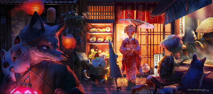 animals, mask, kimono, umbrella, original characters, lantern