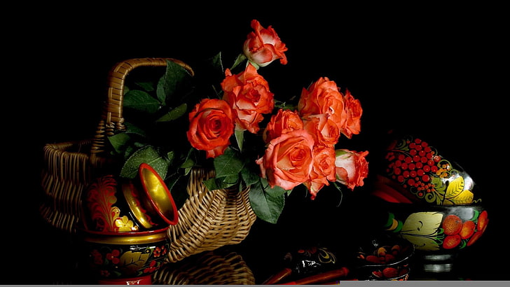 red roses, flowers, bouquet, basket ware, russian, folk, painted, HD wallpaper
