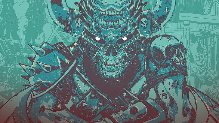 monster with samurai armor illustration, mask, picture, digital art, HD wallpaper