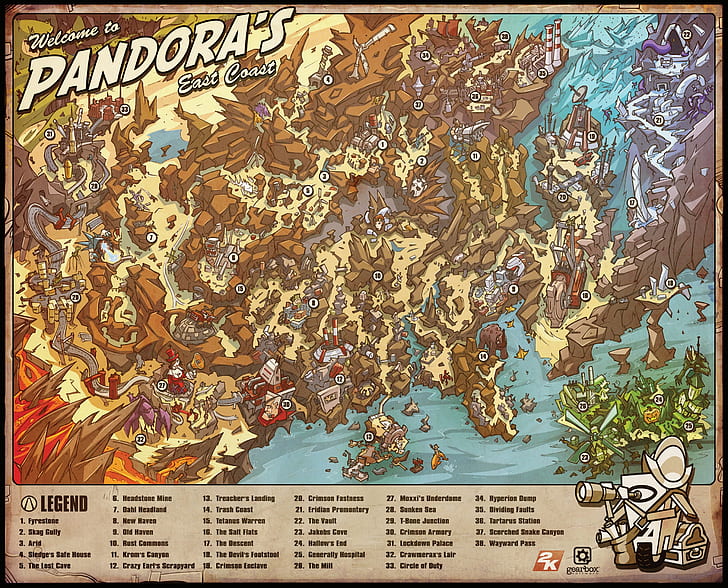 map, Borderlands, detailed, East Coast, Pandoras