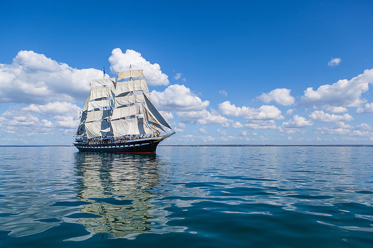 white and brown sail ship, sea, clouds, nautical Vessel, sailing, HD wallpaper