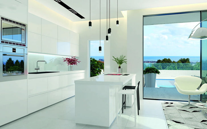 white wooden kitchen island, design, furniture, style, interior, HD wallpaper