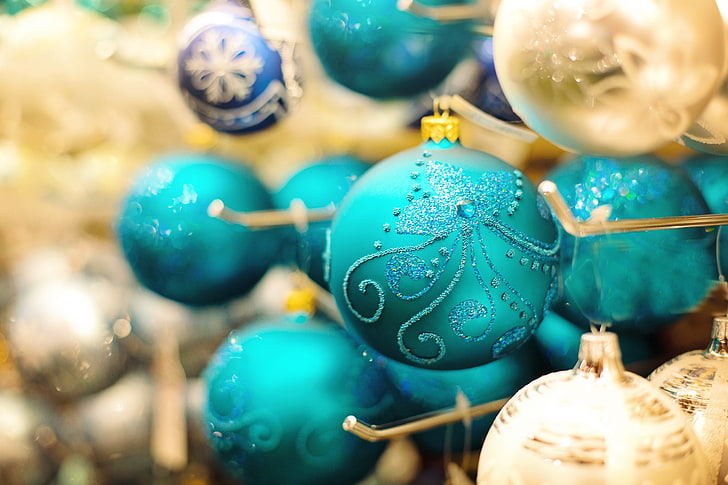 teal, blue, and white baubles, christmas decorations, new year