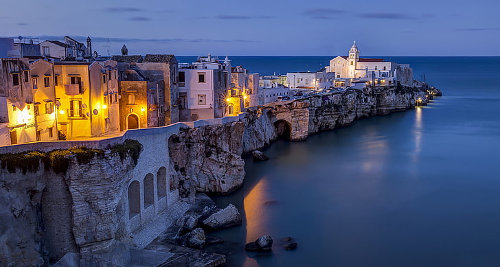 sea, rocks, building, Italy, Apulia, The Adriatic sea, Vieste, HD wallpaper