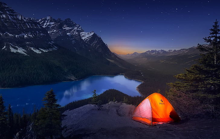 orange tent, light, mountains, night, Canada, journey, scenics - nature