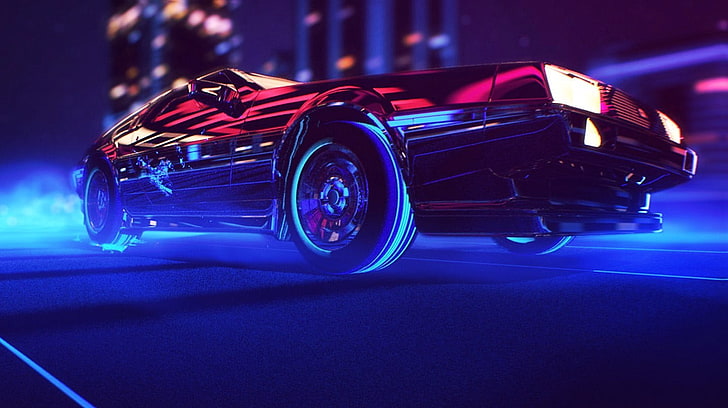 red coupe illustration, synthwave, 1980s, neon, DeLorean, car