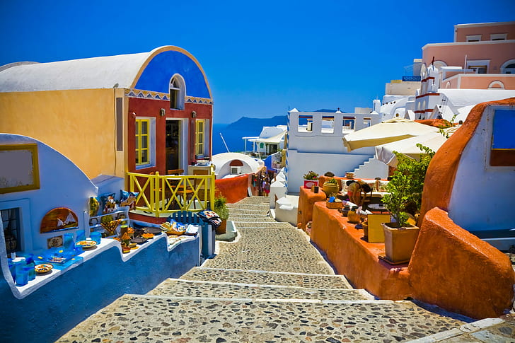 Buildings, House, Bright, Colorful, Greece, Santorini, HD wallpaper