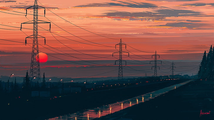 artwork, Aenami, electricity, sky, connection, sunset, architecture, HD wallpaper