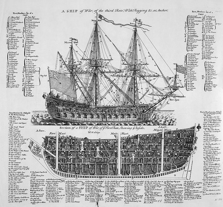 clipper ship illustration, vintage, plan, war, interior, architecture