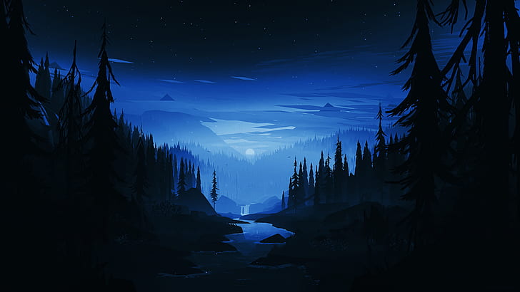 artwork, night, Moon, calm, forest, river, mountains, night sky