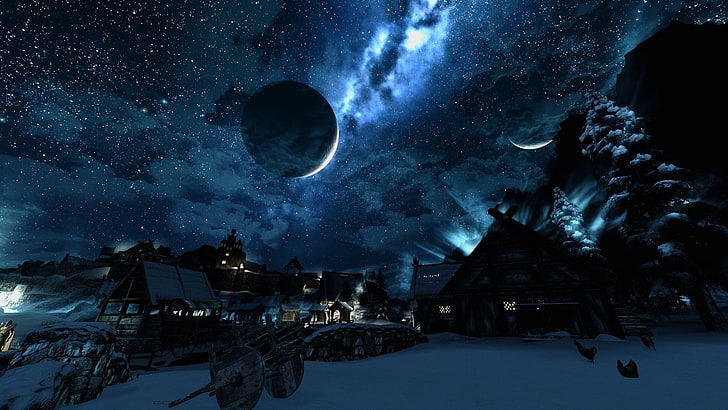 3D snow village poster, The Elder Scrolls V: Skyrim, night, cold temperature, HD wallpaper
