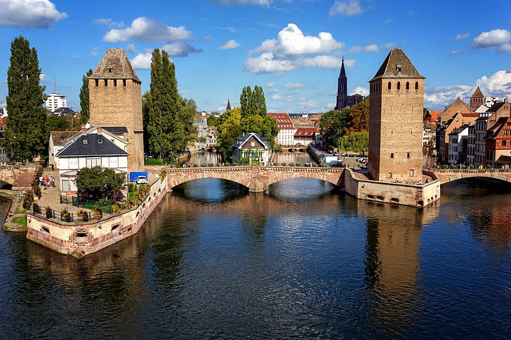 Strasbourg, France, canal bridge, river, sky, house, HD wallpaper