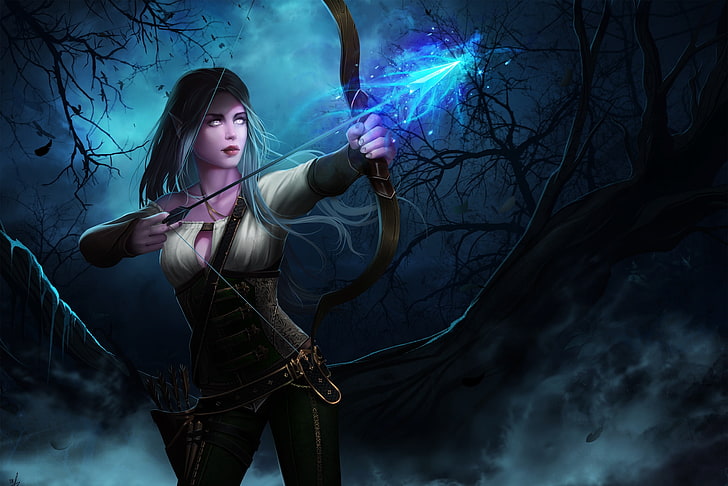 archer, arrow, blue, bow, elf, girl, hair, long, night, warcraft, HD wallpaper