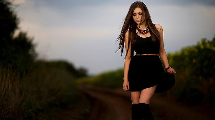 HD wallpaper: women model women outdoors long hair black dress ...