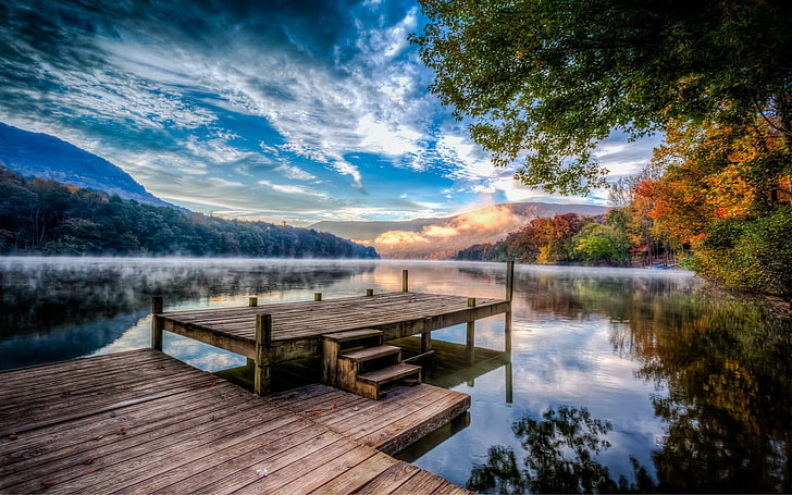 brown wooden dock, lake, nature, sunset, mountains, fall, pier, HD wallpaper