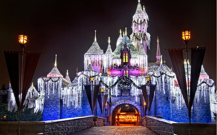 cityscape, castle, Disneyland, lights