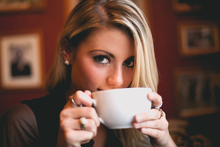 women, face, blonde, drink, coffee cup, mug, coffee - drink, HD wallpaper