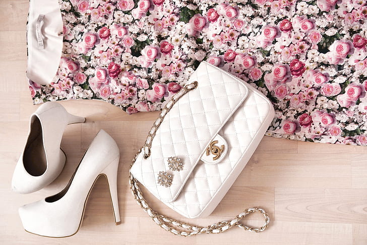 flowers, style, clothing, roses, dress, shoes, bag, white, women's, HD wallpaper