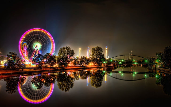 city fairground, cityscape, river, bridge, lights, reflection