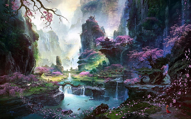 pink petaled tree planted near river, fantasy art, Asian architecture