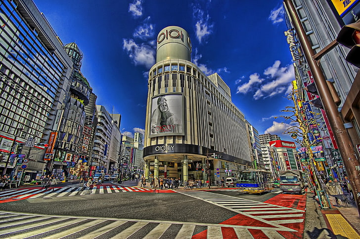 gray concrete building, city, intersections, Japan, Tokyo, Shibuya, HD wallpaper