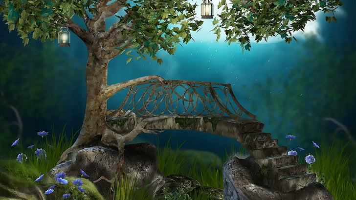 dreamland, stairs, tree, lanterns, HD wallpaper
