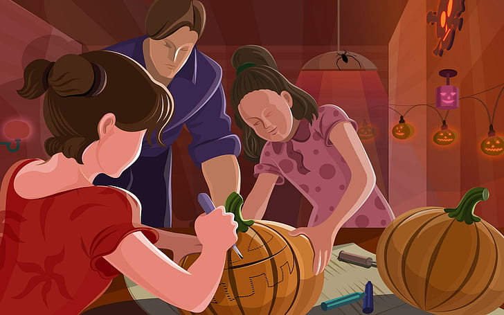 Preparing The Pumpkin, three people making jack o lantern illustration
