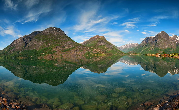 fjord, mountains, water, reflection, Norway, lake, snowy peak, HD wallpaper
