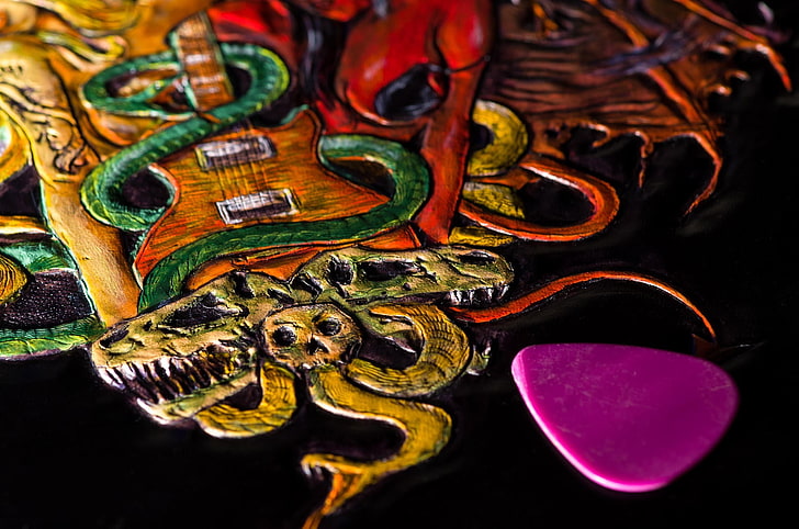 brown and green guitar with snake illustration, hard rock, rock music, HD wallpaper