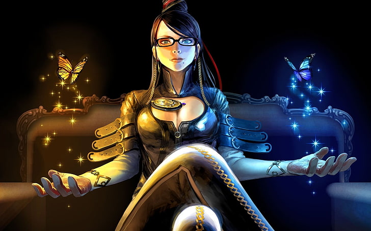 woman wearing leather suit on sofa chair wallpaper, Bayonetta